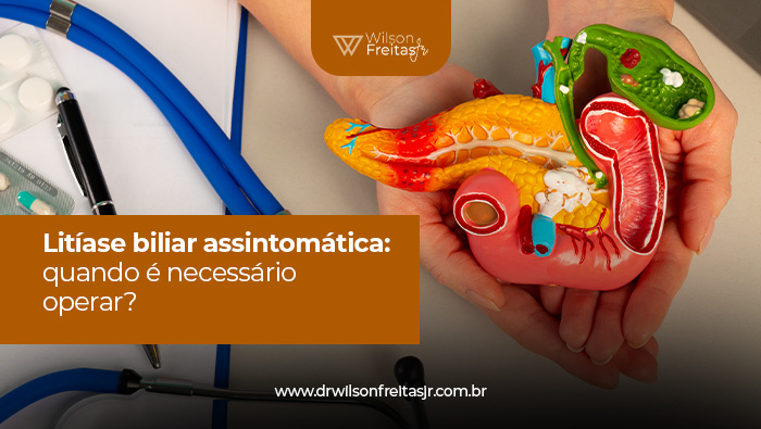 Dito pelo ChatGPT: Modelo anatômico colorido do sistema digestivo humano, com destaque para pâncreas, vesícula biliar e dutos, sendo segurado por duas mãos.